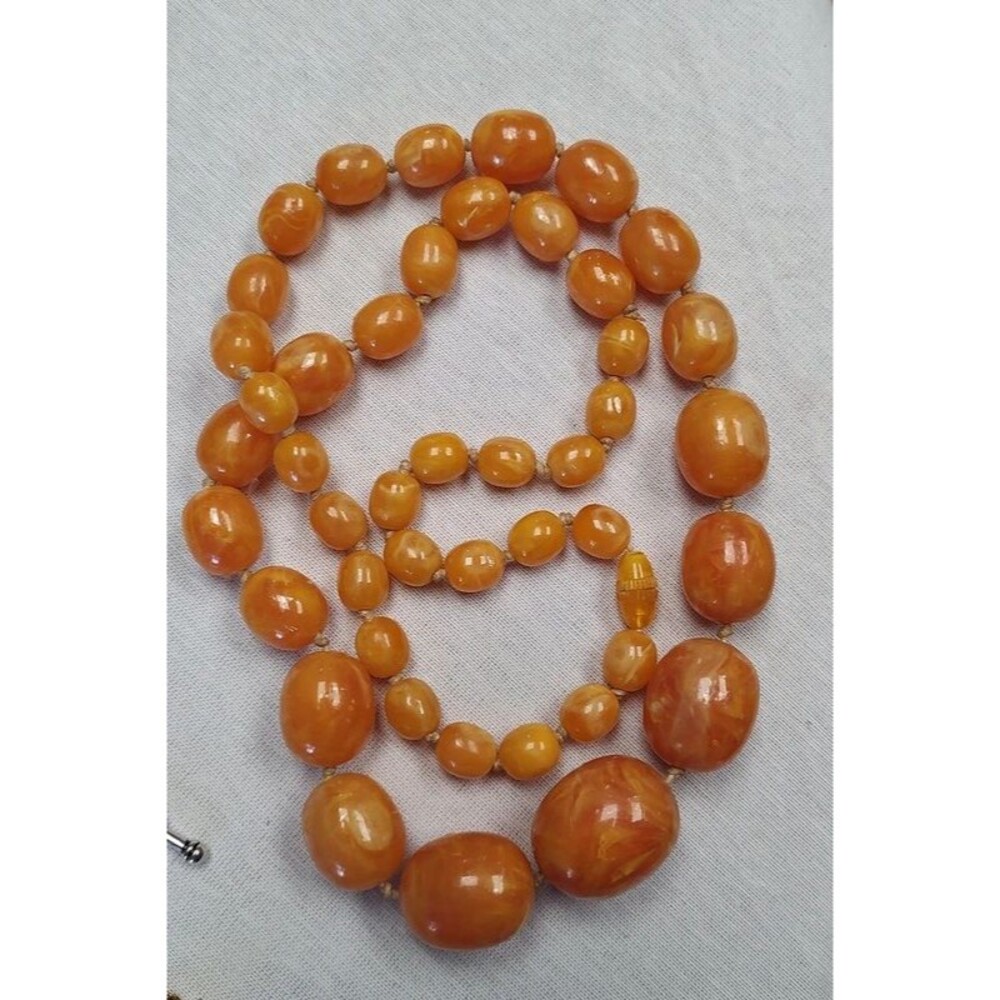 Vintage Long Bakelite Orange Amber Bead Necklace